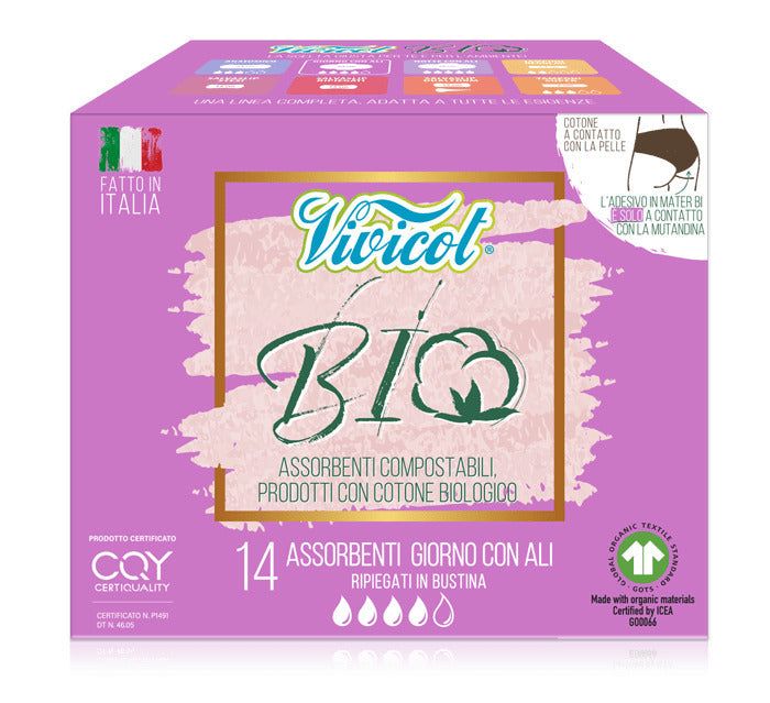 Absorbante compostabile Vivicot Bio, bumbac organic, cutie mov, 14 bucăți, produs în Italia.