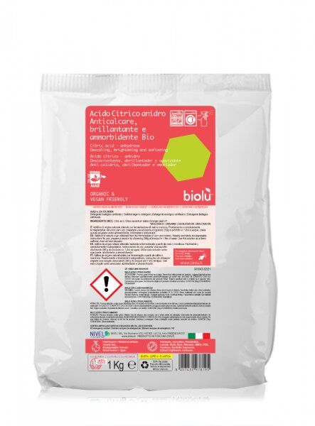 Acid citric ecologic Biolu 1kg, ambalaj alb cu eticheta roșie.