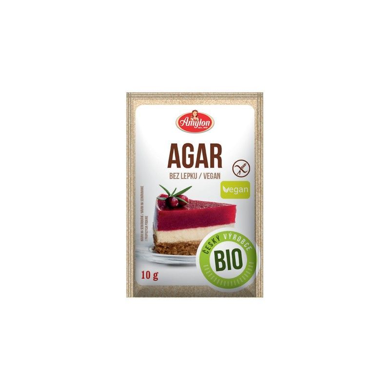 Agar Agar Bio Amylon 10g, pachet vegan fără gluten, imagine tort cu strat roșu.