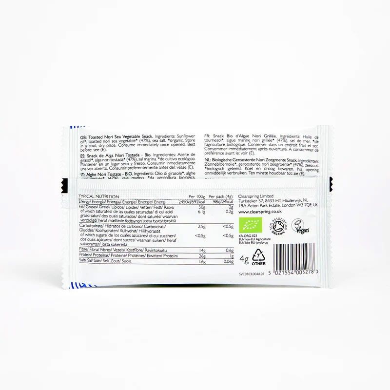 Spate ambalaj ALGE NORI SNACK ORIGINAL ECO 4g cu detalii nutriționale și certificări eco.
