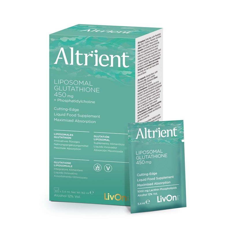 Supliment Altrient Glutathione lipozomal 450mg, cutie verde cu 30 pliculețe, tehnologie de absorbție avansată.