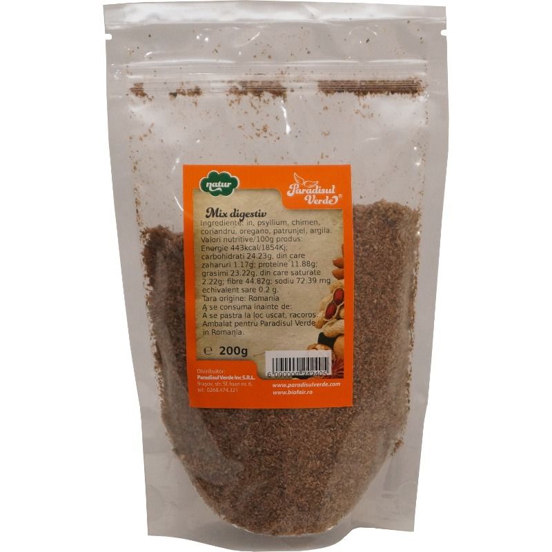 Amestec Digestiv 200g Paradisul Verde, semințe in, psyllium, chimen, coriandru, ambalaj transparent.