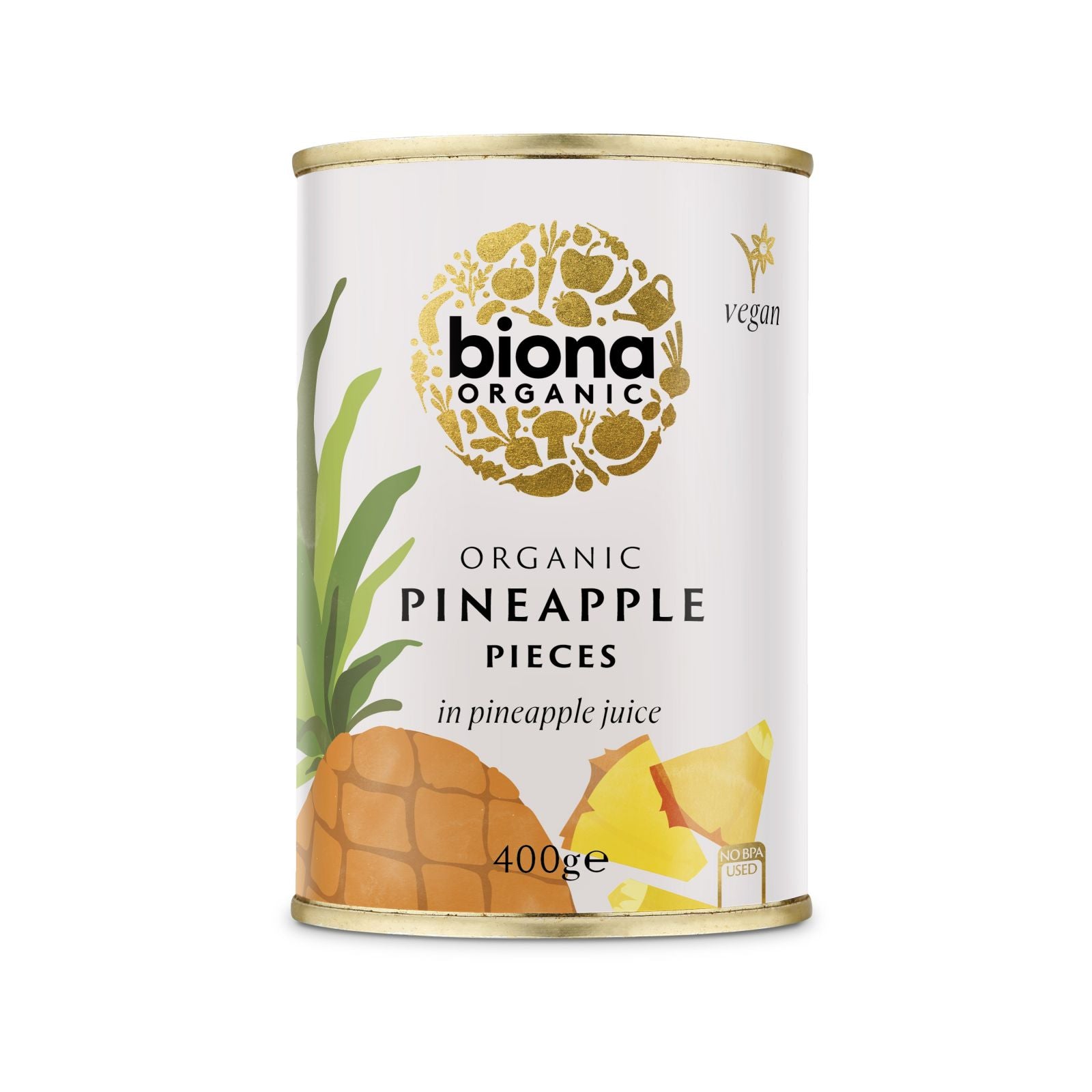 Conservă Biona ananas bucăți 400g, organic, în suc natural, etichetă albă cu detalii verzi și aurii.