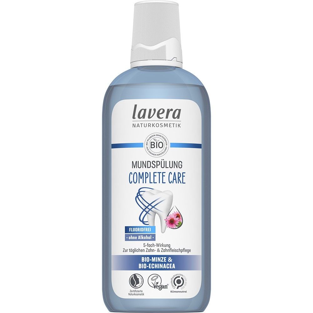 Apa de gura Lavera 400ml, ambalaj albastru, fără fluor și alcool, ingrediente naturale.