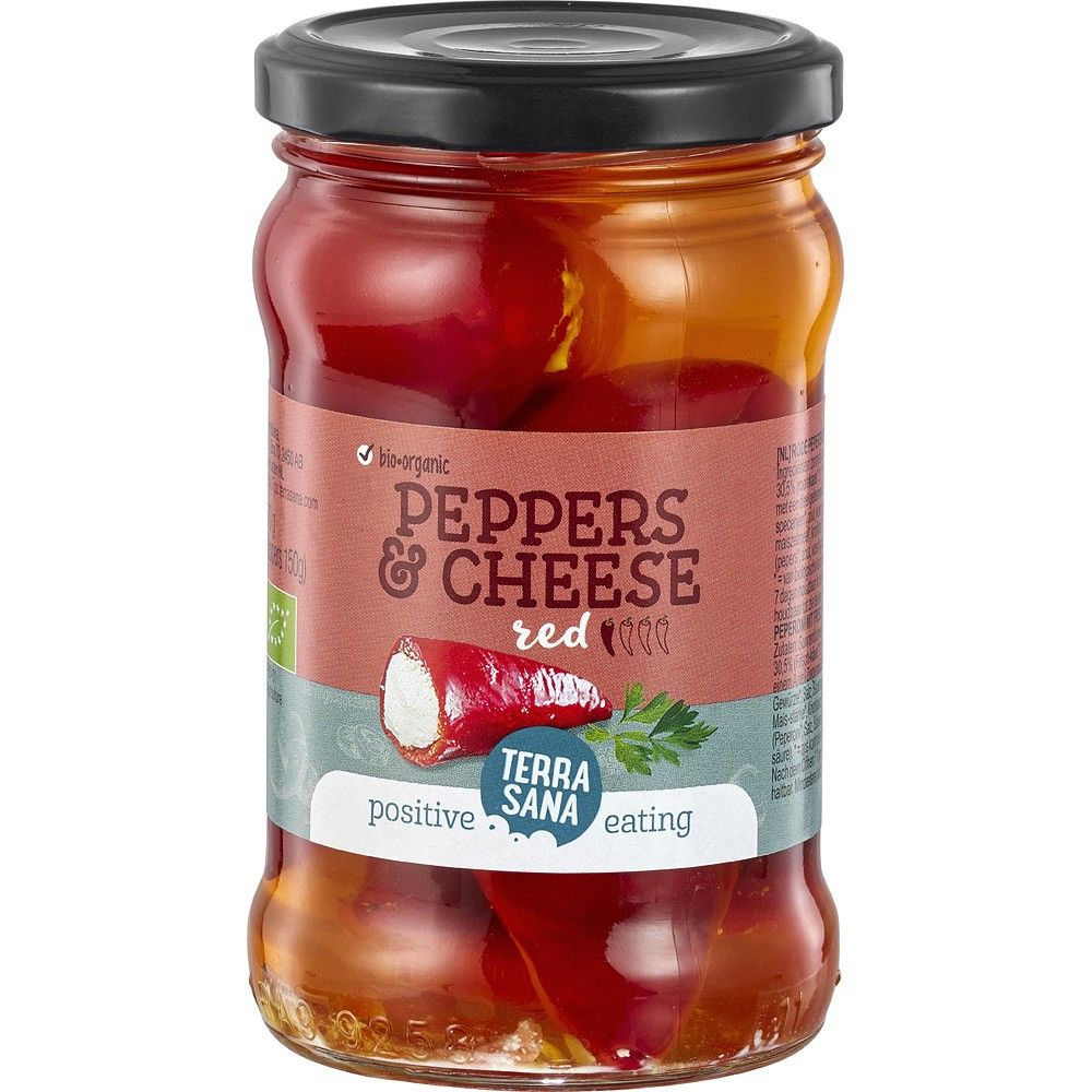 Ardei roșii umpluți cu cremă de brânză feta și capră, în borcan, bio-organic.