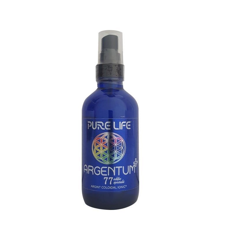 Argint coloidal ARGENTUM cu pulverizator, flacon albastru 120ml, etichetă colorată Pure Life.