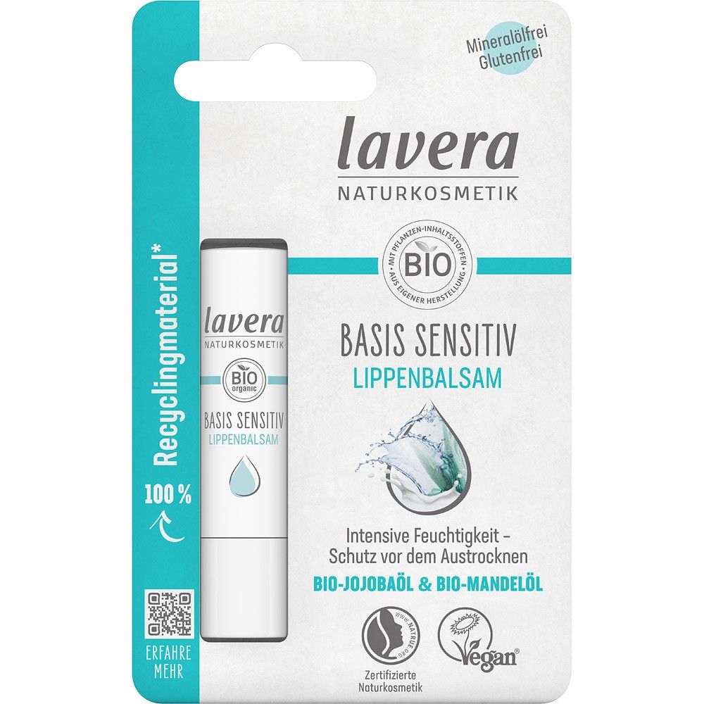 Balsam de buze sensitiv Lavera 4.5g, ambalaj eco bio, alb și turcoaz, ulei de jojoba și migdale bio.