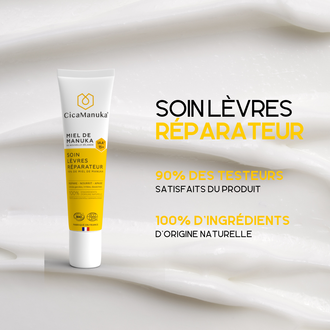 Balsam de buze CicaManuka, tub alb cu etichetă galbenă, 15ml, miere ecologică.