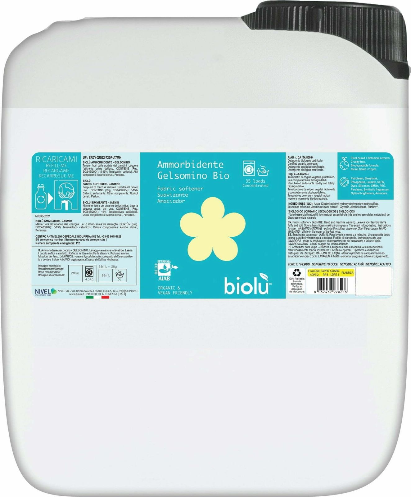 Balsam de rufe ecologic Biolu cu iasomie, 5L, ambalaj alb cu etichetă turcoaz.