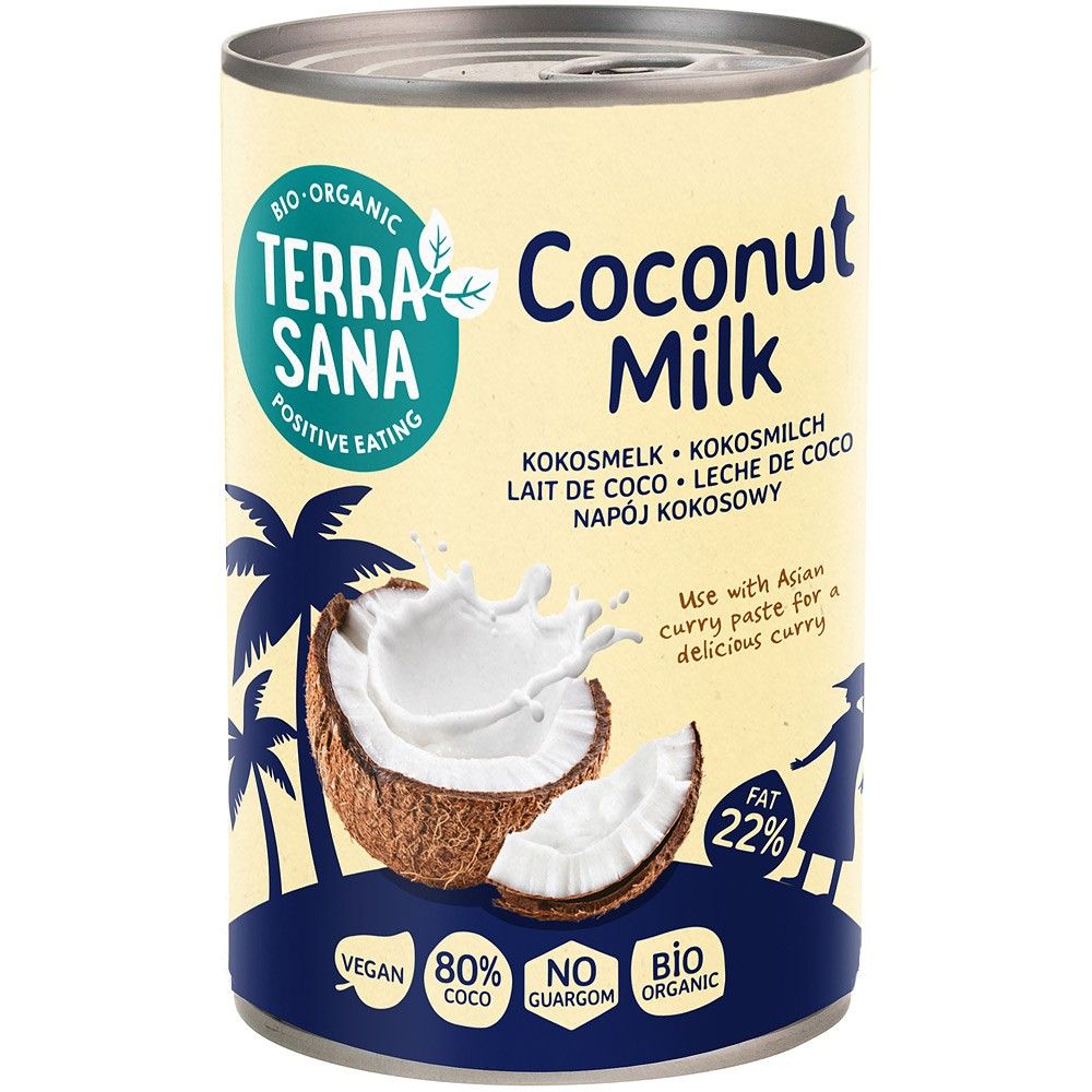 Băutură bio de cocos 80% Terrasana 400ml cutie galben-crem cu logo albastru.