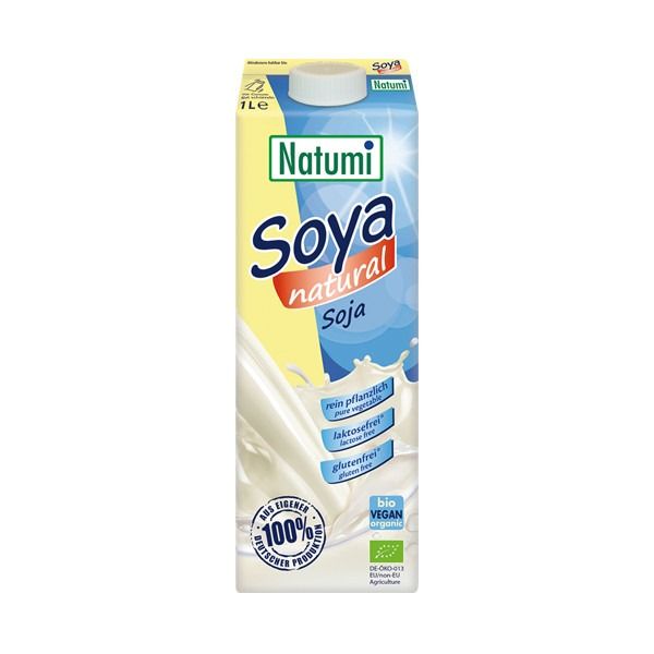 Băutură soia naturală Natumi eco, 1L, cutie albastră și albă, fără zahăr, fără gluten.