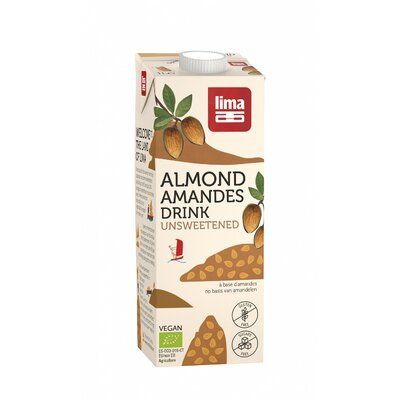 Băutură de migdale eco 1L Lima, vegan, fără zahăr, ambalaj alb cu imagine de migdale și etichete verzi.