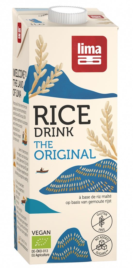 Băutură vegetală de orez eco Lima 1L, fără gluten, fără zahăr, cutie crem cu detalii albastre.