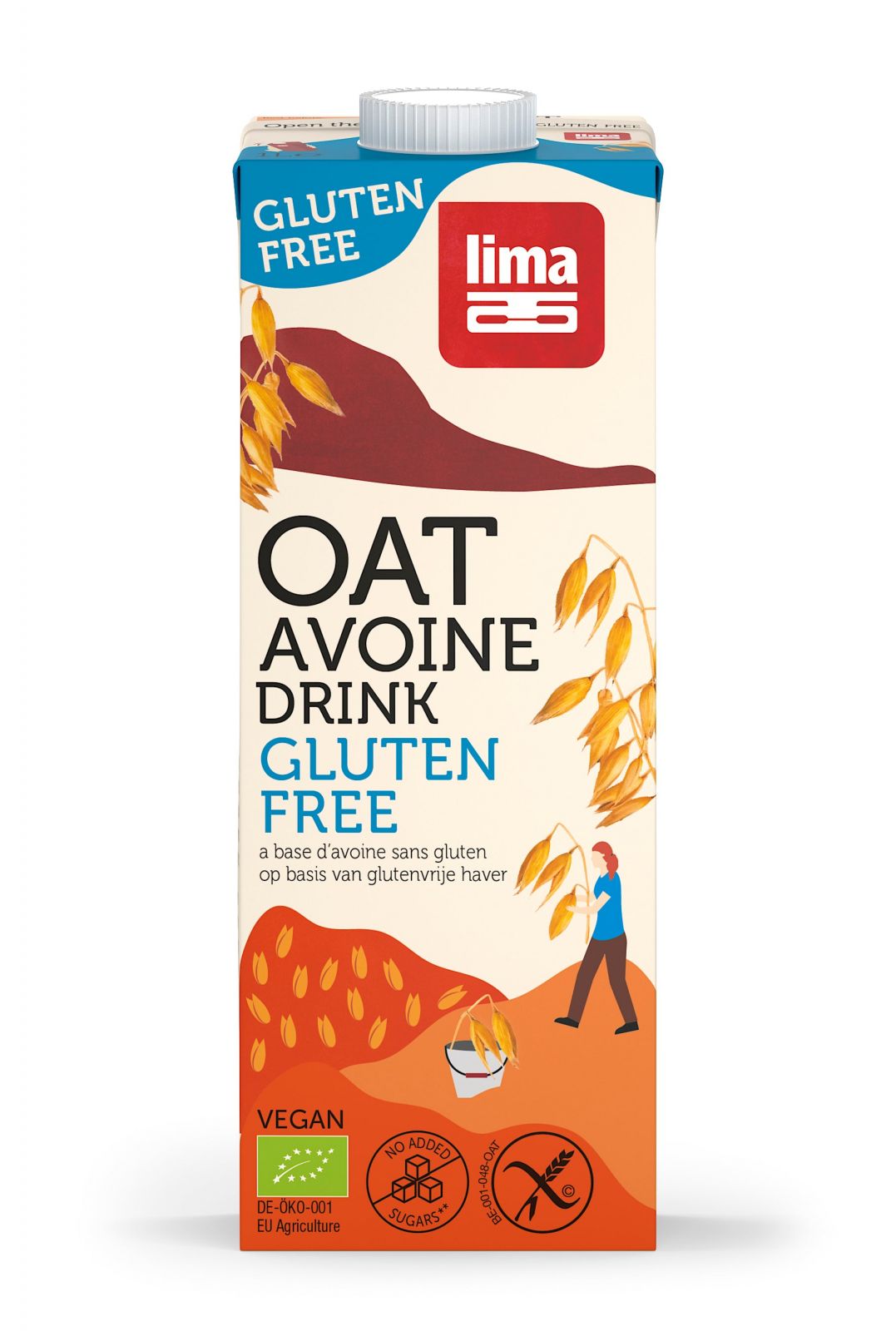 Băutură vegetală de ovăz fără gluten eco Lima 1L, ambalaj carton colorat.