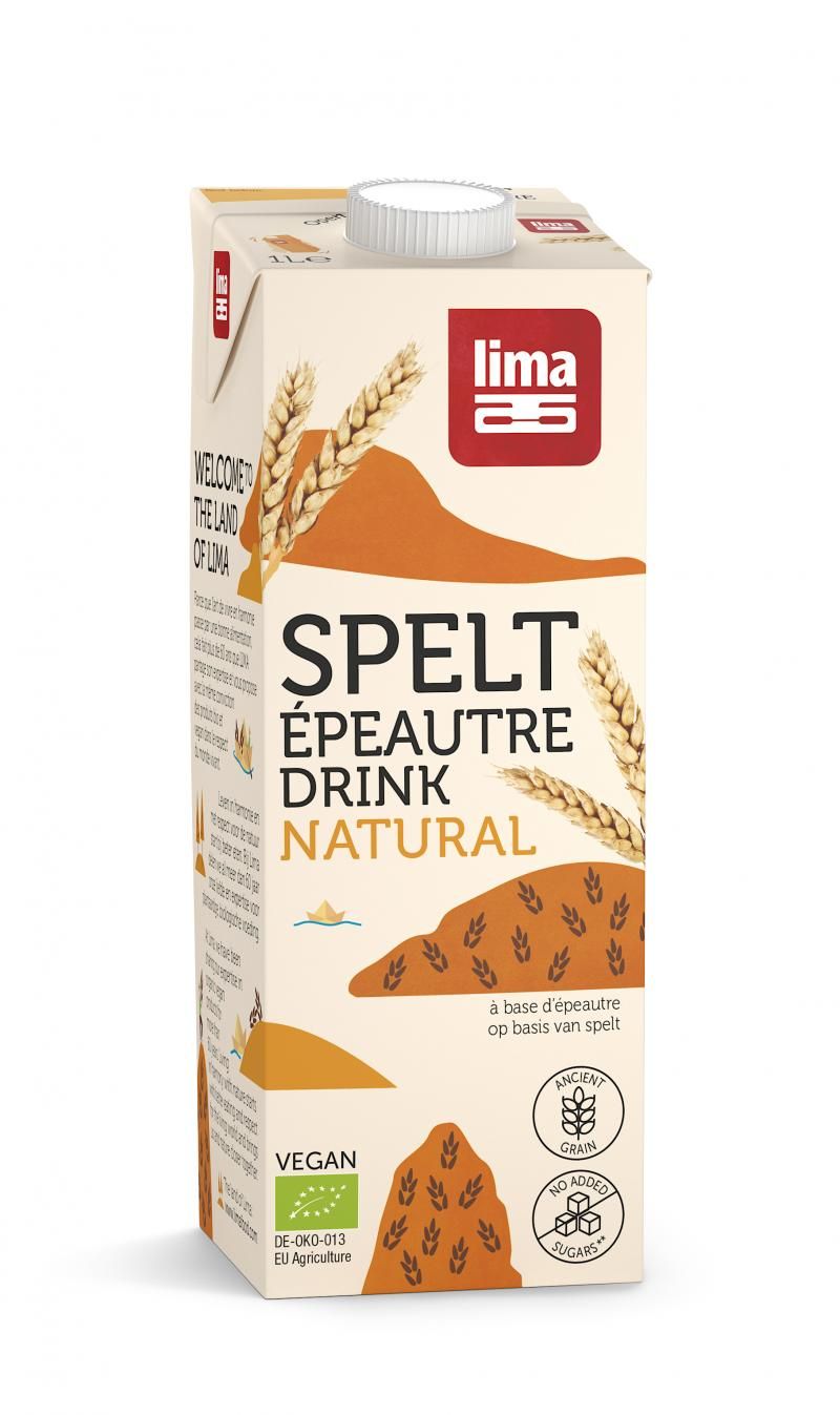 Cutie băutură vegetală de spelta Lima 1L, design alb și bej, siglă roșie.