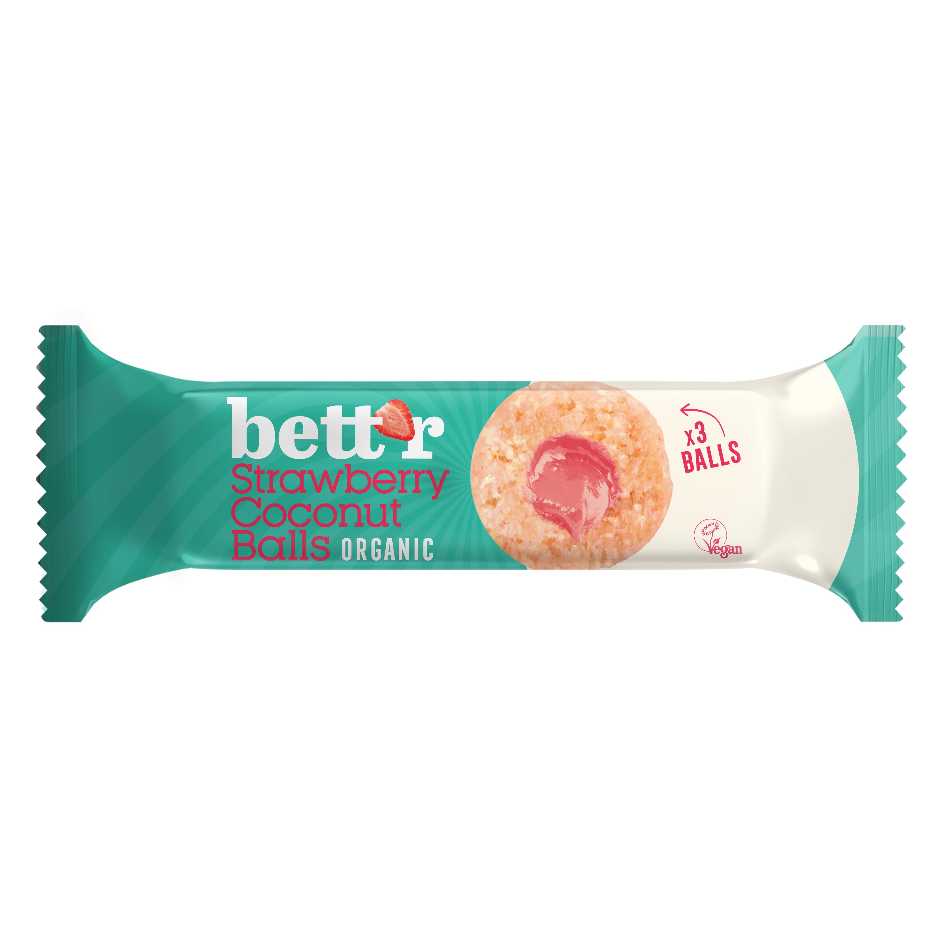 Biluțe bio cu umplutură de căpșuni și cocos, 3x15g, vegan, ambalaj verde și alb Bettr.