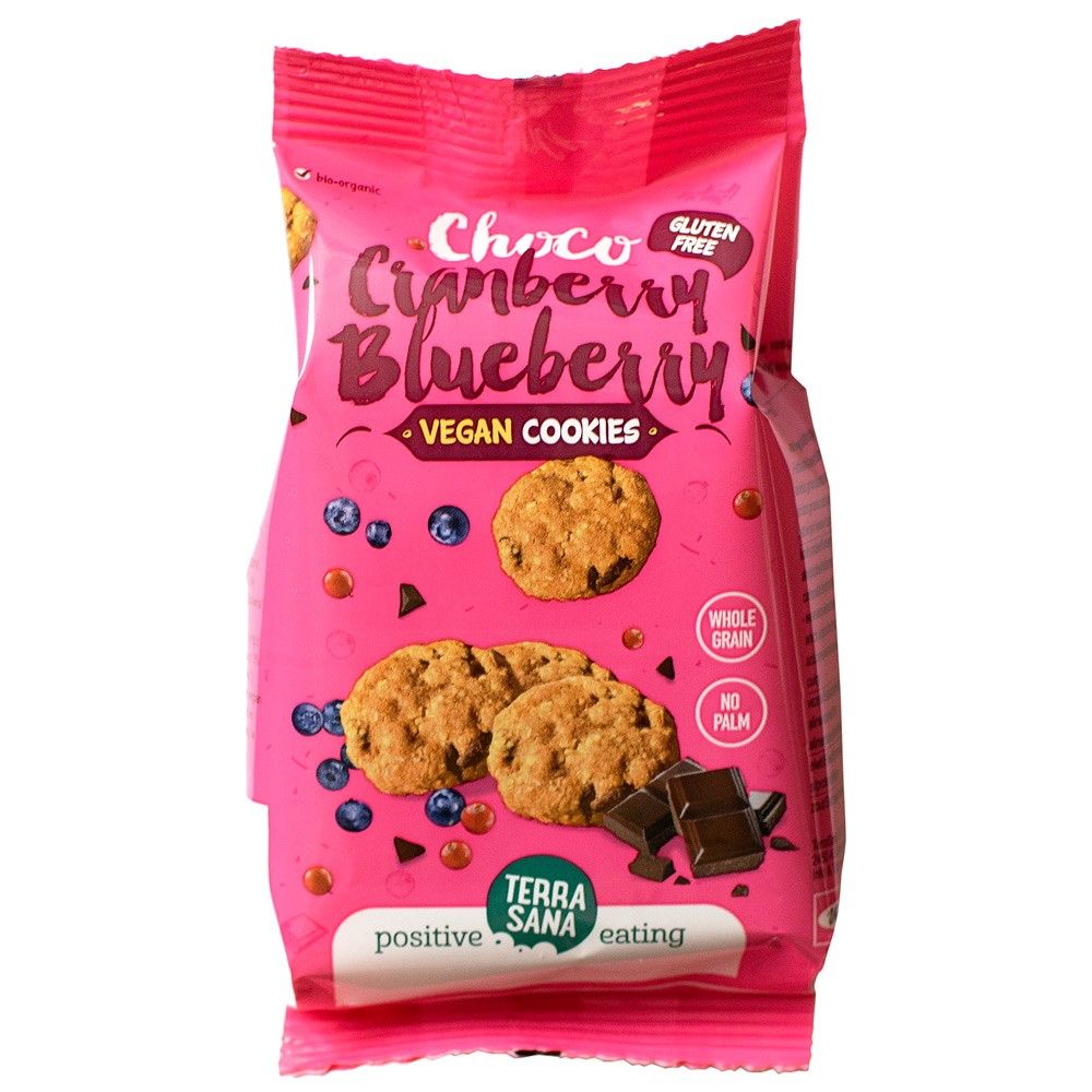 Biscuiți cu ciocolată, merișoare și afine fără gluten, ambalaj roz, fără ulei de palmier, vegan.