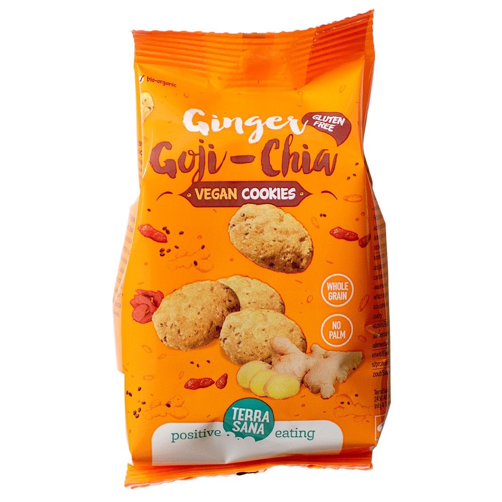 Biscuiți fără gluten cu ghimbir, goji și chia, ambalaj portocaliu.