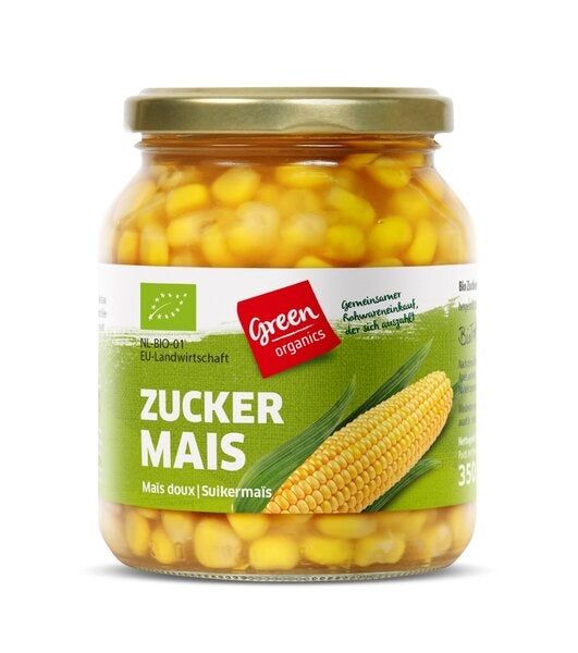 Boabe de porumb dulce bio 350g Green Organics, borcan sticlă cu capac auriu