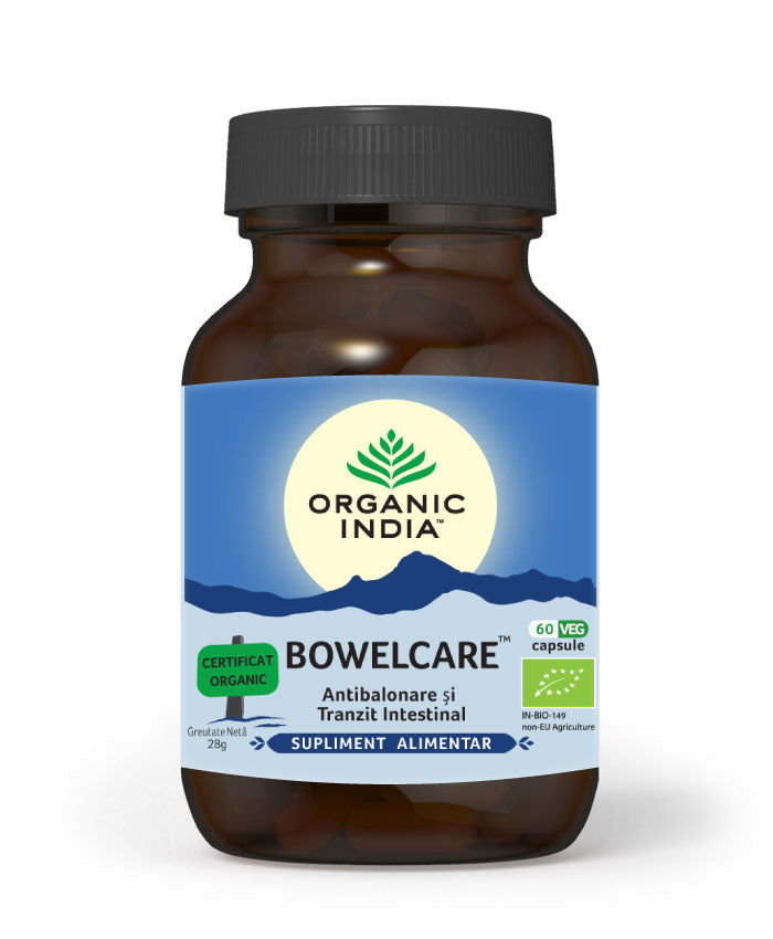 Bowelcare Organic India, flacon maro, 60 capsule vegetale, etichetă albastră și verde.