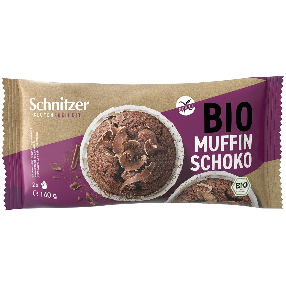 Brioșe cu ciocolată bio, fără gluten, Schnitzer, 2 bucăți, 140g, ambalaj maro și mov.