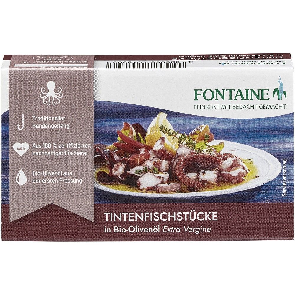 Bucati caracatita in ulei masline bio Fontaine, 120g, pe farfurie cu salata.