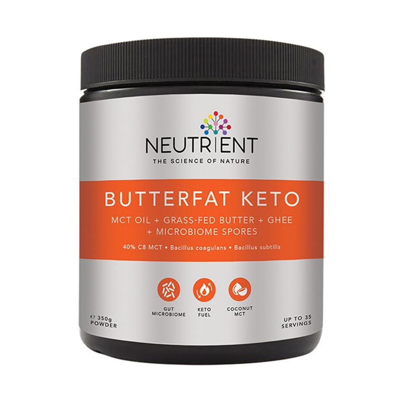 Butterfat Keto MCT Powder Neutrient, 350g, ambalaj alb-negru cu detalii portocalii.