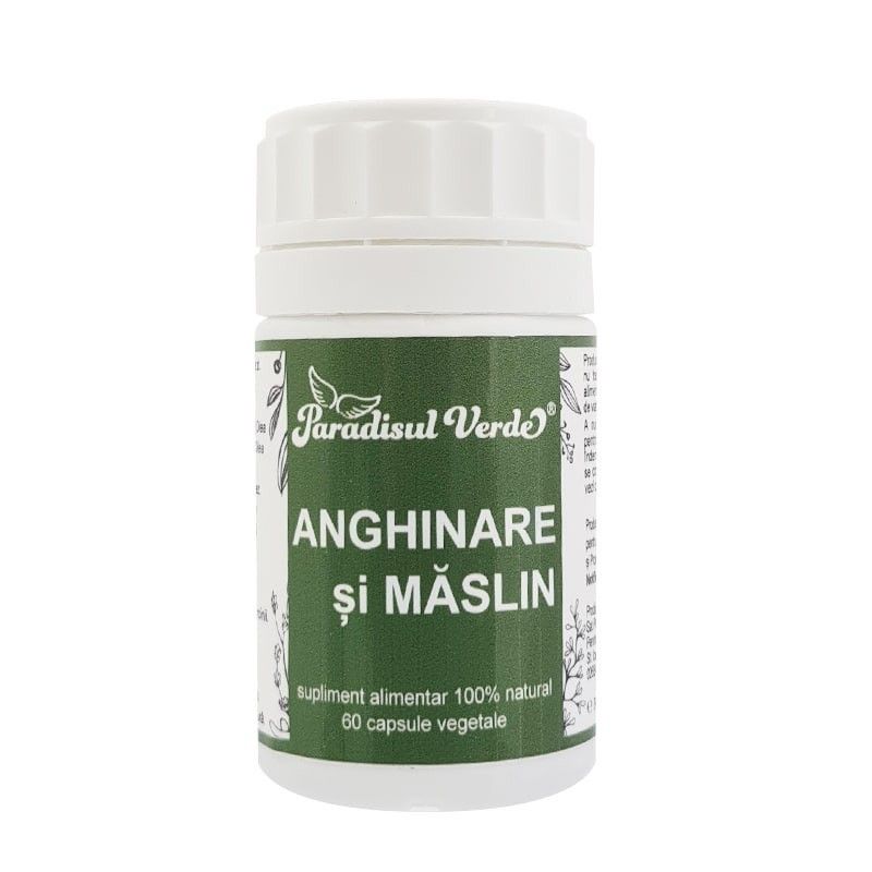 Capsule Anghinare și Măslin, Paradisul Verde, 60 buc, etichetă verde pe recipient alb.