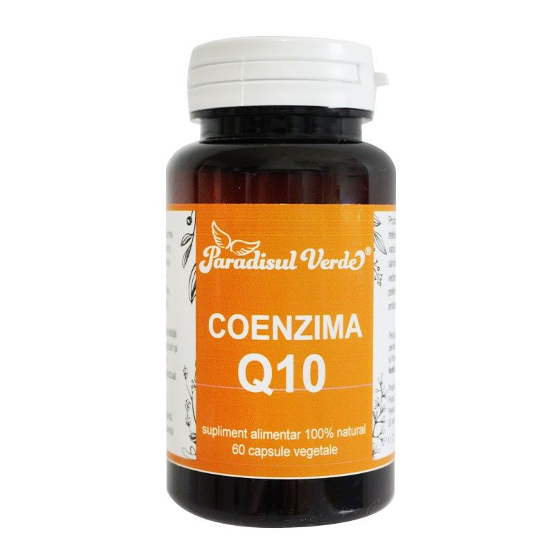 Capsule Vegetale Coenzima Q10 Paradisul Verde, flacon maro cu etichetă portocalie, 60 capsule