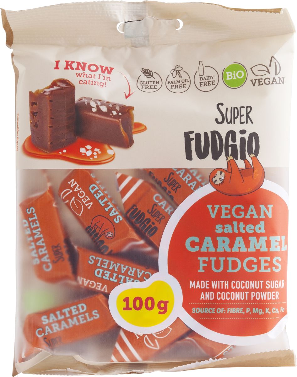 Caramele vegane caramel sărat, bio, 100g, fără gluten, Super Fudgio, ambalaj hârtie reciclabilă.