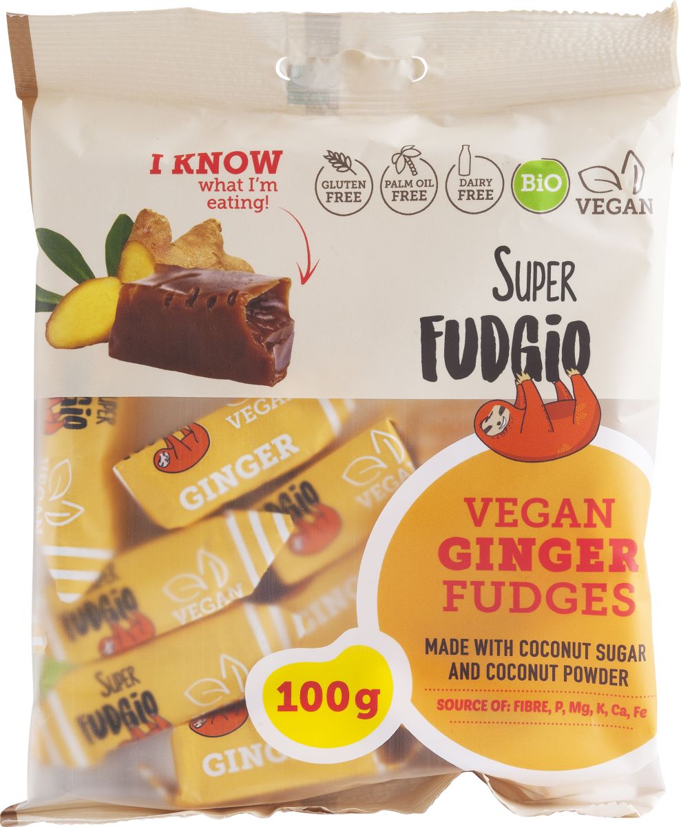 Caramele ghimbir Bio 100g Super Fudgio, fără gluten, fără lactoză, ambalaj galben și alb.