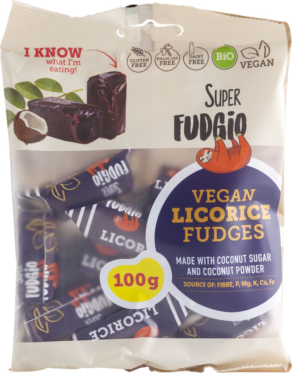 Caramele vegane lemn dulce, Super Fudgio, 100g, bio, fără gluten și lactoză, ambalaj colorat.