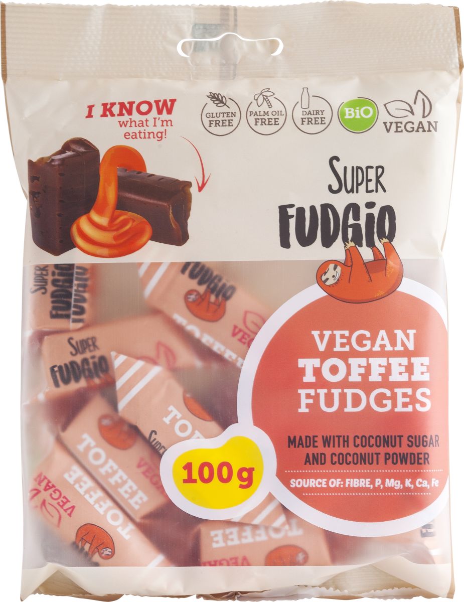 Caramele toffee vegan Super Fudgio, bio, 100g, fără gluten, fără ulei de palmier, ingrediente din cocos.