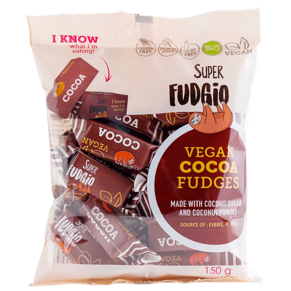 Caramele eco cocos și cacao 150g Super Fudgio, ambalaj maro, vegan, fără gluten.