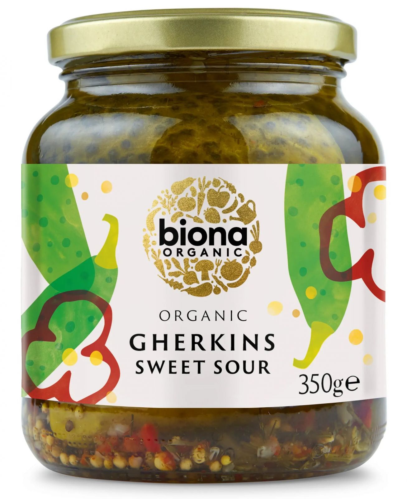 Castraveți murați cornișon bio Biona 350g, borcan transparent, etichetă colorată.