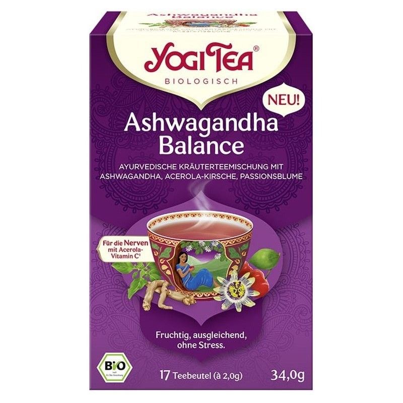 Ceai Ashwagandha Balance Bio 17 plicuri, ambalaj mov, plante ayurvedice, ashwagandha, acerola, pasiune.
