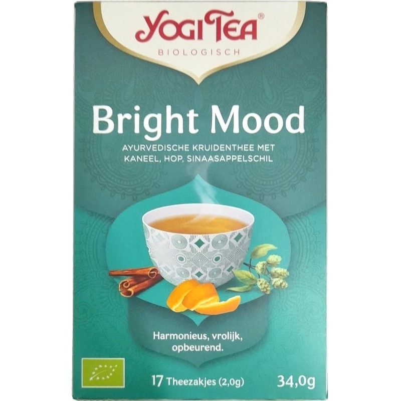Cutie verde Yogi Tea Bright Mood Bio, 17 plicuri, ilustrații cești și ingrediente.
