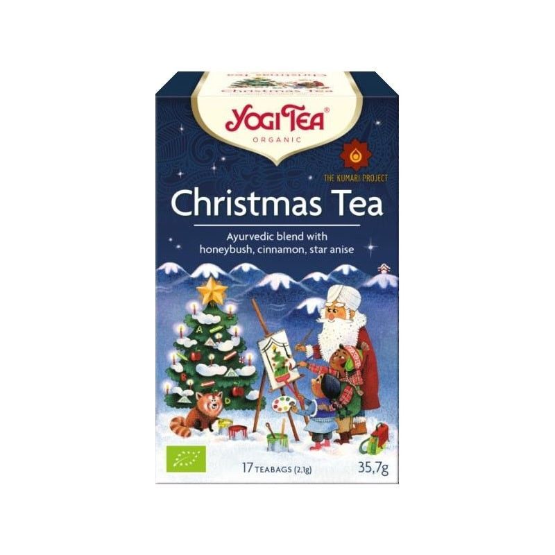 Cutie ceai Christmas Tea Bio Yogi Tea, 17 plicuri, ambalaj decorat cu imagine festivă.