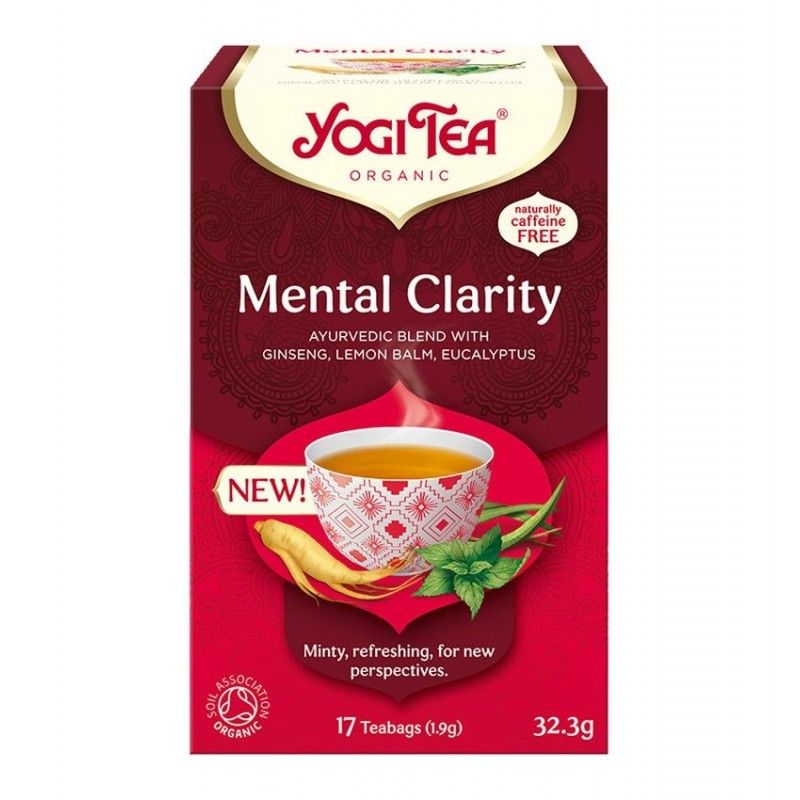 Ceai Claritate Mentală Bio Yogi Tea, 17 plicuri, ambalaj roșu cu ginseng, roiniță, eucalipt.