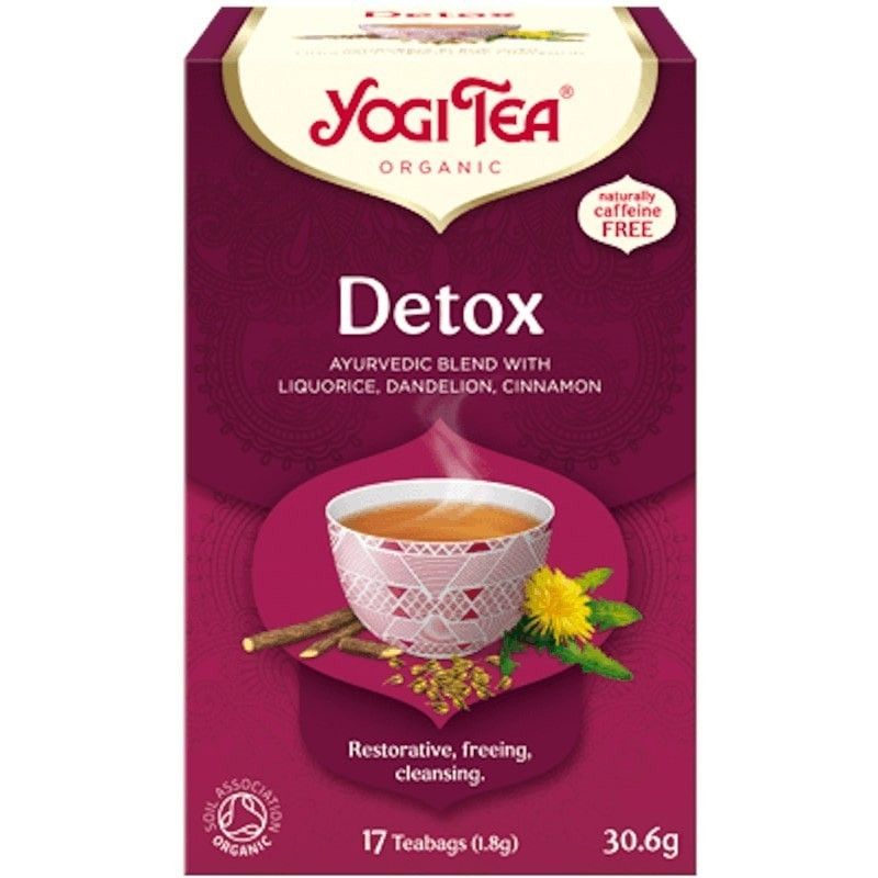 Ceai Detoxifiant Bio Yogi Tea 17 plicuri, cutie violet, ingrediente: lemn dulce, păpădie, scorțișoară.