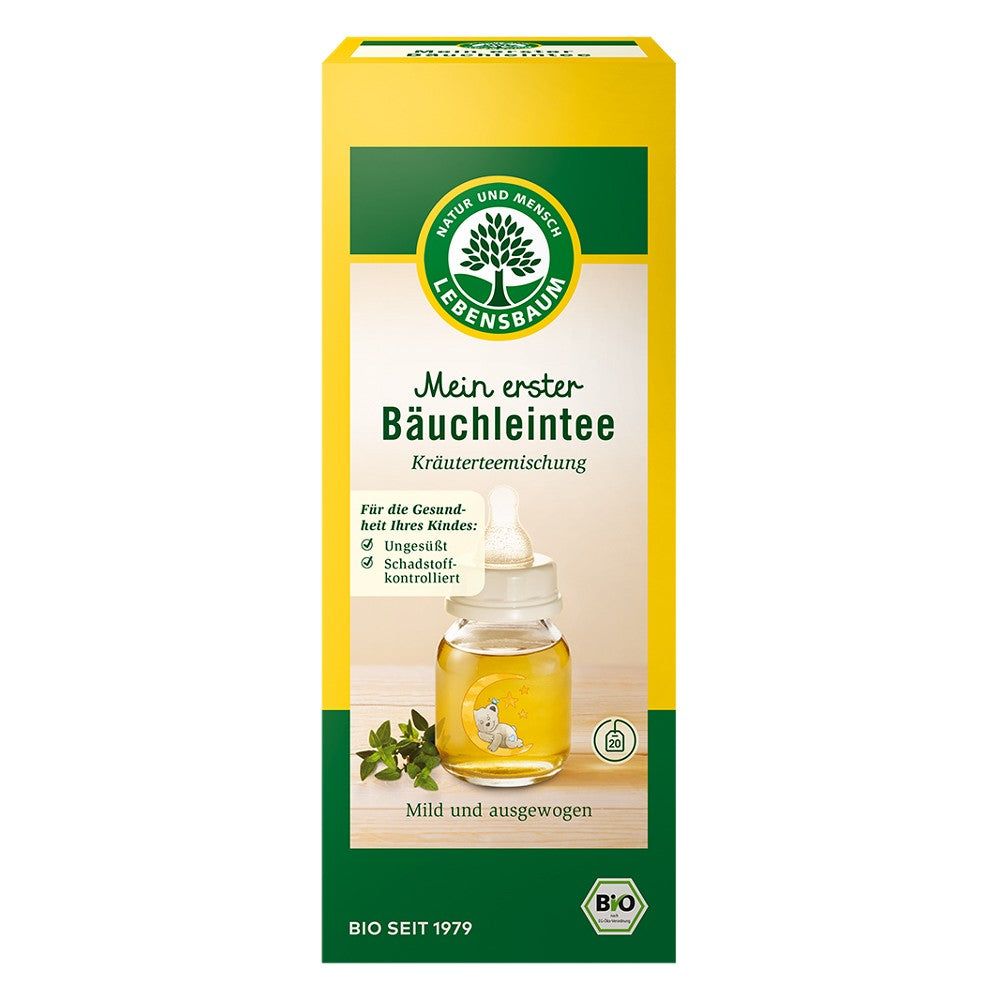 Ceai bio pentru copii Lebensbaum, cutie galbenă, 20 plicuri, 30g, etichetă verde.