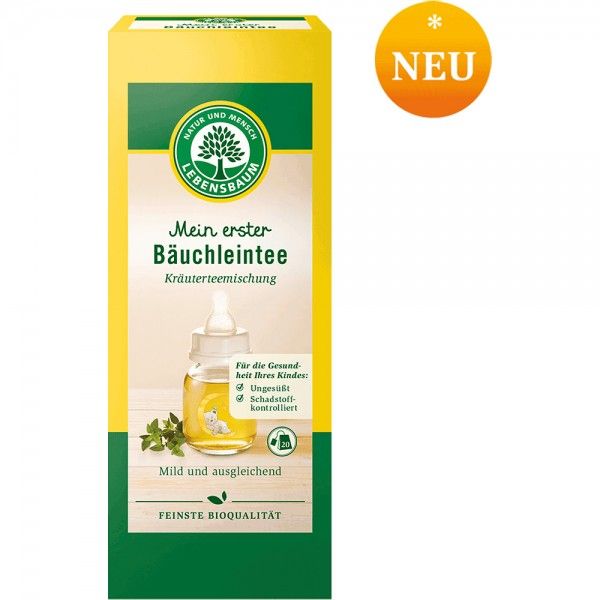 Ambalaj galben-verde ceai plante copii, text german, sigla Lebensbaum, plicuri bio, pentru 5+ luni, 20 bucăți.