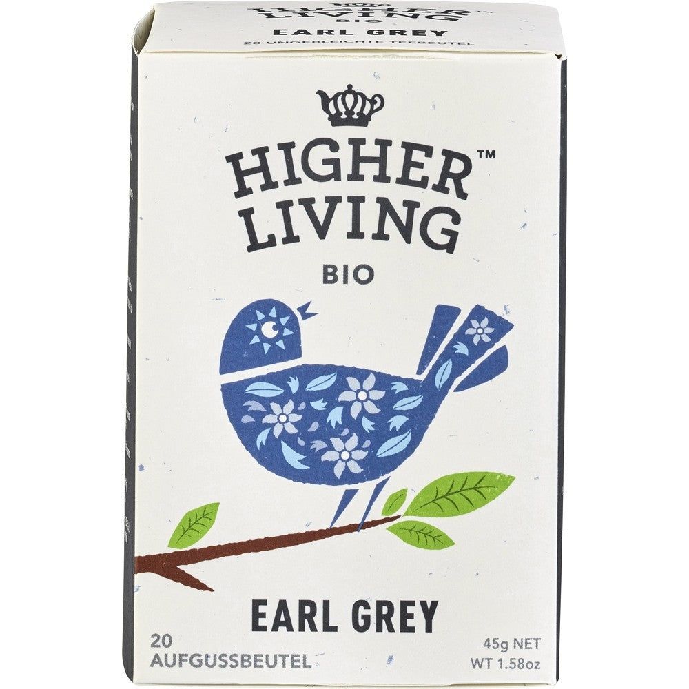 Cutie ceai EARL GREY eco Higher Living, grafică pasăre albastră floral, 20 plicuri.