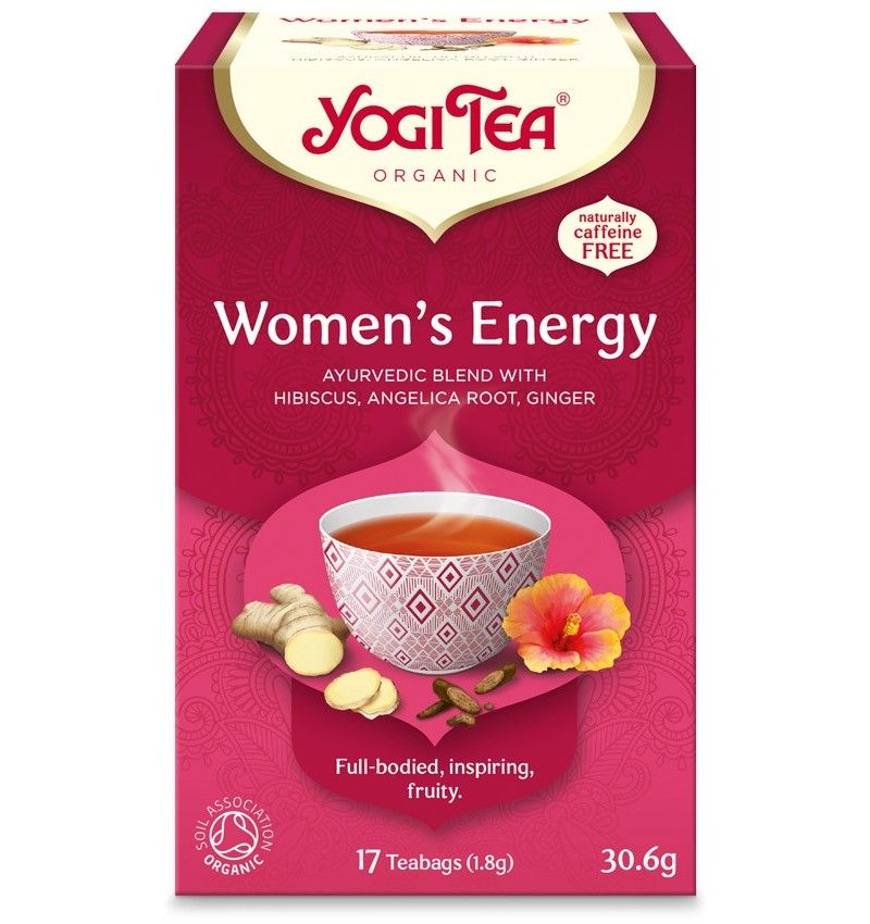 Cutie ceai Woman's Energy Yogi Tea bio, 17 pliculețe, blend ayurvedic cu hibiscus și ghimbir, design roșu elegant.