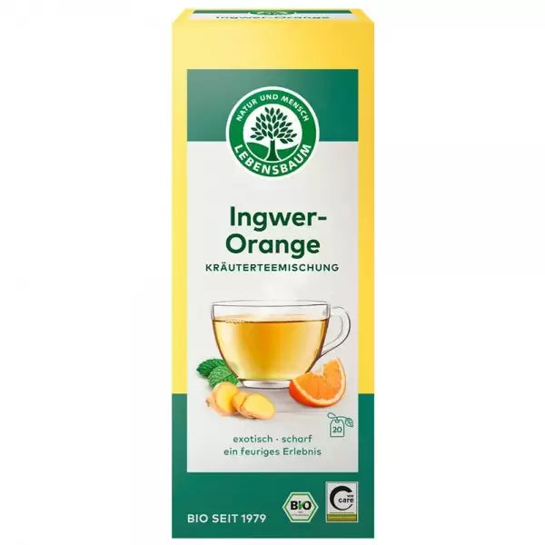 Ceai de ghimbir cu portocale bio Lebensbaum în ambalaj galben, 40g, organic.