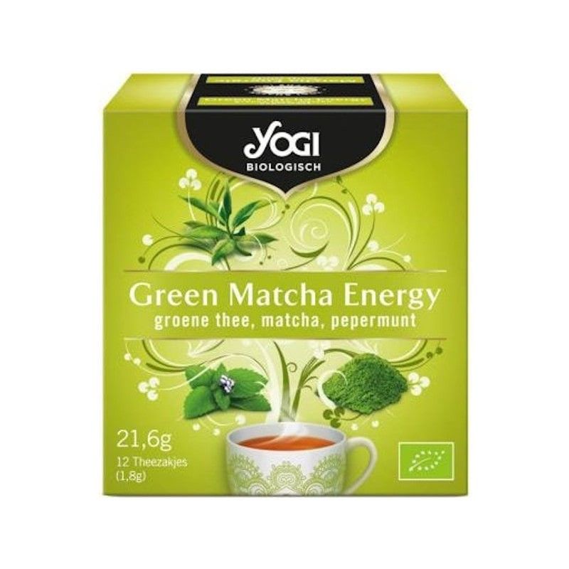 Ceai Green Matcha Energy Yogi Tea, cutie verde, ingrediente organice, 12 plicuri, ceai verde, matcha, mentă.