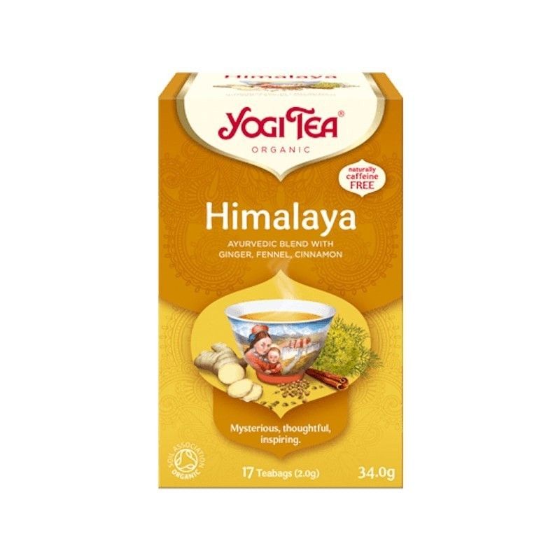 Ceai Himalaya Bio Yogi Tea cu ghimbir, fenicul, scorțișoară, 17 plicuri, cutie maro galbenă.
