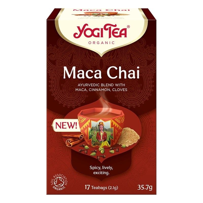 Ceai Maca Chai Bio Yogi Tea, cutie roșie, 17 plicuri, cu maca, scorțișoară, cuișoare, amestec ayurvedic.