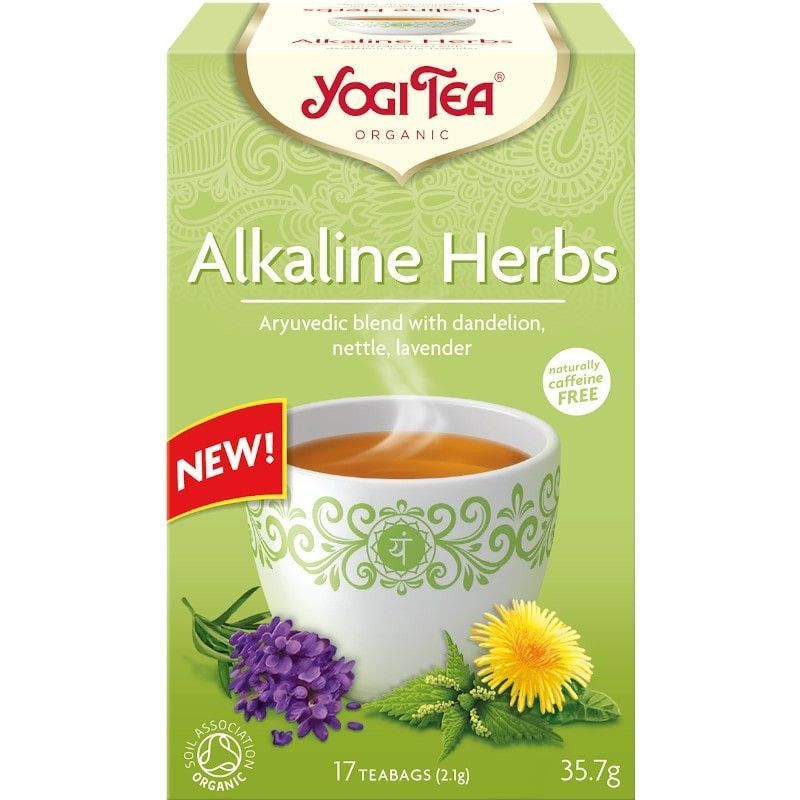 Cutie verde Yogi Tea Ceai Plante Alcaline, Bio, 17 plicuri, cu cană albă decorată și flori precum păpădia.