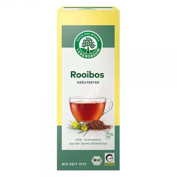 Ceai bio Rooibos Lebensbaum 20 plicuri, cutie galben-verde, 30g, cană transparentă.